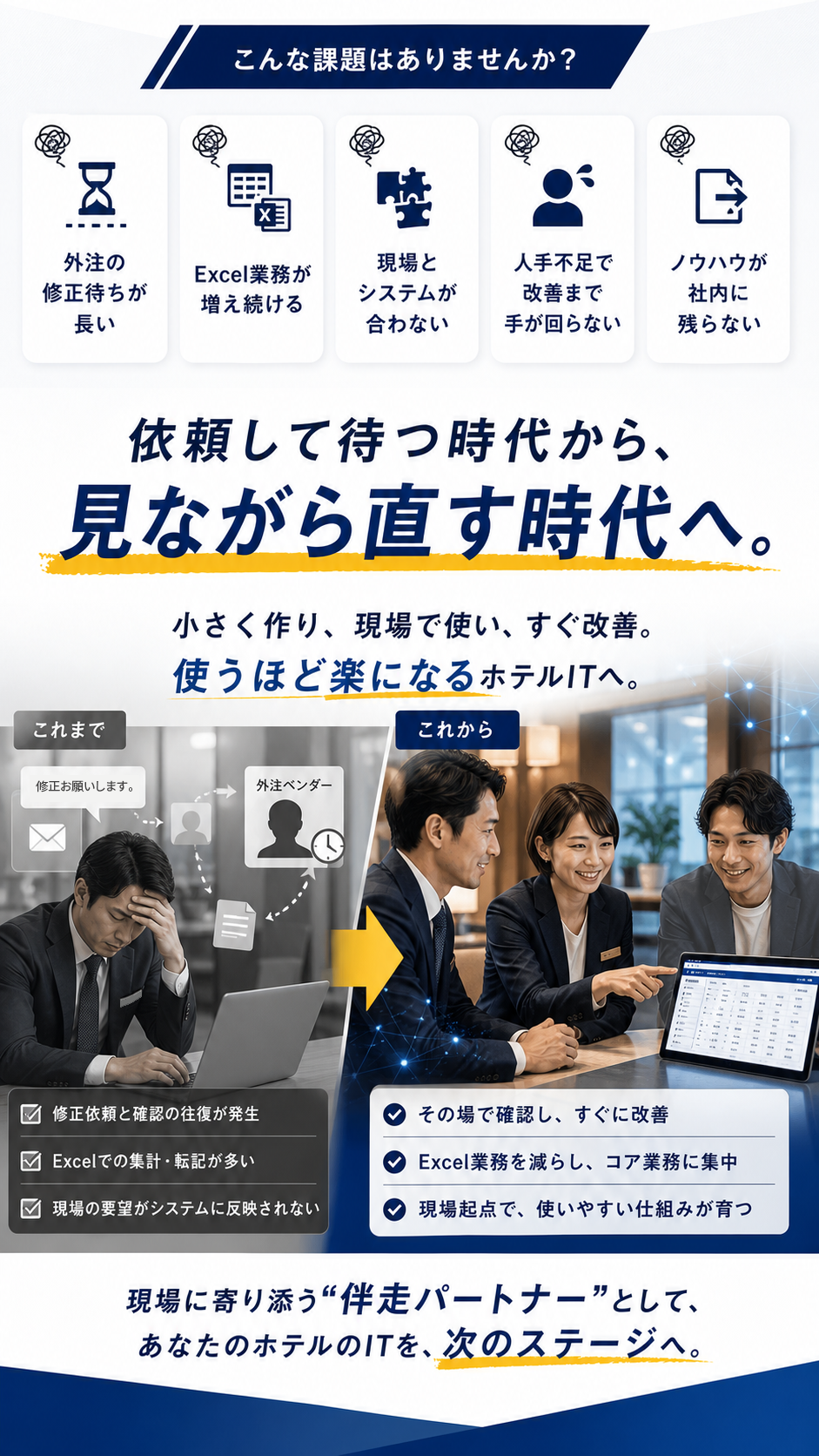 外注待ち、Excel業務、現場とシステムの不一致、人手不足、ノウハウ不足を、見ながら直せるホテルITへ